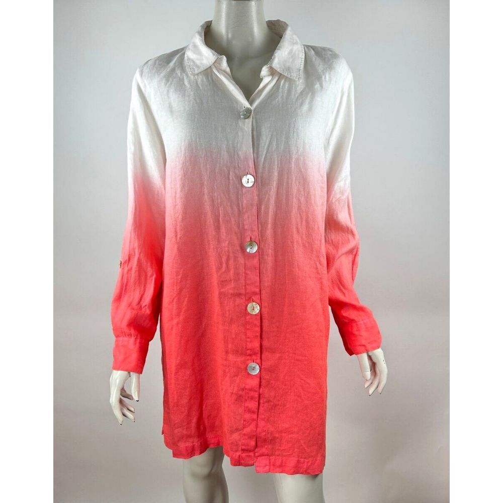 John Mark Ombre Linen‎ Tunic Top Women XL NWT Long Sleeve Button-up Shirt Red